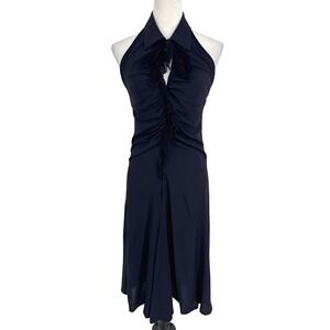 Fuzzi Halter Dress Size 42 US 6 Navy Silk Blend Ruched Ruffle Midi Elegant Chic